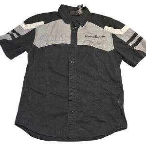 Harley-Davidson Work Shirt Mens M Black Gray Embroidered Back Hit Button Up